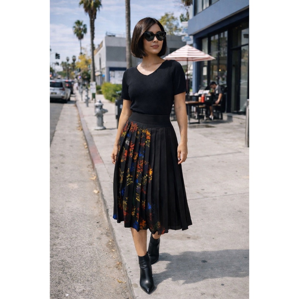 VICTORIA‎ VICTORIA BECKHAM Pleated Skirt Multicolor Floral Print Brown Midi